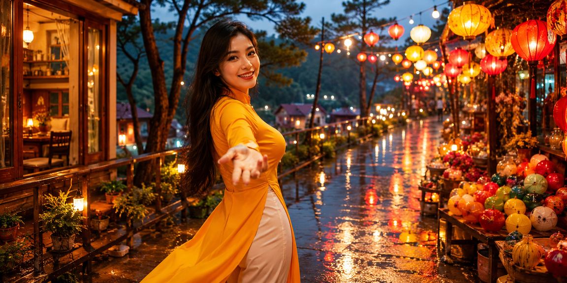 Người dùng Đà Lạt truy cập nền tảng giải trí trực tuyến tại chợ đêm dưới ánh đèn lung linh